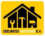 Logo van Edelweiss Vastgoed met gereedschap in een huisje op gele achtergrond.