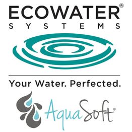 Logo EcoWater Systems avec slogan "Your Water. Perfected." et texte AquaSoft en dessous.