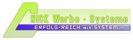 Grünes Logo von "NICK Werbe-Systeme", Text: "ERFOLG-REICH mit SYSTEM!!" auf lila Banner.