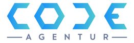 Blaues Logo mit den Worten "CODE Agentur" in moderner Schrift auf weißem Hintergrund.