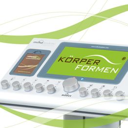 Bild eines Fitness-Geräts mit dem Schriftzug "Körper Formen" auf dem Bildschirm.