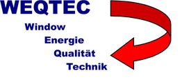 Text: WEQTEC, Schlagwörter: Window, Energie, Qualität, Technik, roter Pfeil nach rechts.