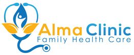 Logo of Alma Clinic with a stethoscope and leaf design in blue and orange.