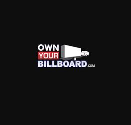 Logo with text: "OWN YOUR BILLBOARD" featuring a truck with a blank billboard on a black background.