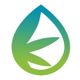 Tropfenförmiges Logo mit Blattmotiv, blau-grüner Farbverlauf.