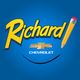 Blue background with "Richard" and a pencil, above the Chevrolet logo and name.