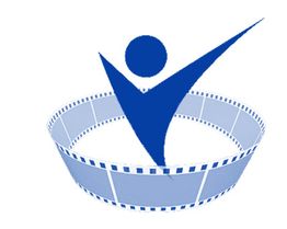 Blaues Logo: Personensilhouette in filmähnlichem Kreis.