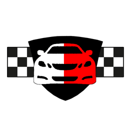 Coche estilizado en blanco y rojo con banderas de cuadros a ambos lados.