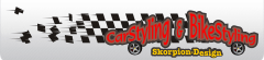 Schwarz-weiß kariert mit Text "CarStyling & BikeStyling, Skorpion Design" in Rot.