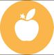 White apple icon with a leaf and star in an orange circle.