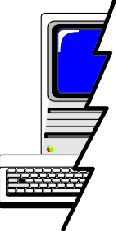 Zeichnung eines älteren Computers mit Tastatur und blauem Bildschirm, durch einen Blitz geteilt.