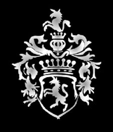 Wappen mit Krone und Löwe, umgeben von dekorativen Blattmustern auf schwarzem Hintergrund.