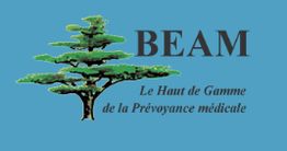 Logo bleu avec un arbre vert et texte "BEAM, Le Haut de Gamme de la Prévoyance médicale".