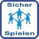 Illustration von vier blauen Figuren in einem Kreis mit dem Text "Sicher Spielen" oben und unten.