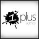Schwarz-weißes Logo mit "1 plus agency" und einem Farbfleck im Hintergrund.