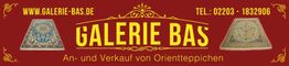 Banner von Galerie Bas für An- und Verkauf von Orientteppichen, mit zwei Teppichbildern.
