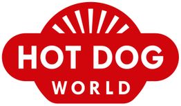Rotes Logo mit weißem Text "HOT DOG WORLD" und stilisierten Sonnenstrahlen oben.