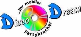 Logo mit einer bunten CD, Text: "Ihr mobiler Partykracher Disco Dream".