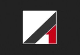 Abstract geometric logo with a black diagonal and red triangle on a white square background.