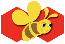 Gelbe Cartoon-Biene mit Flügeln, auf rotem sechseckigem Hintergrund.