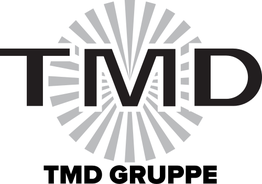 Logo: "TMD" mit strahlenförmigem Hintergrund und darunter der Text "TMD Gruppe".