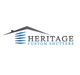 Logo of Heritage Custom Shutters with a roof design and blue-striped shutters.
