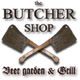 Two cleavers crossed under "The Butcher Shop Beer Garden & Grill" text.