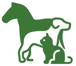 Silhouette of a horse, dog, and cat overlapping in green.