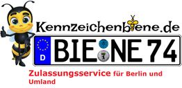 Fröhliche Biene neben Kfz-Kennzeichen: "BIENE 74". Text: "Zulassungsservice für Berlin".
