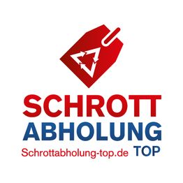 Rotes und blaues Logo von Schrottabholung Top mit Recycling-Symbol auf einem Etikett.