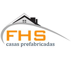 Logo de FHS con un techo negro y texto "casas prefabricadas" en letras naranjas y grises.