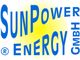 Logo mit blauem Text: "SunPower Energy GmbH" vor einem gelben Sonnenhintergrund.