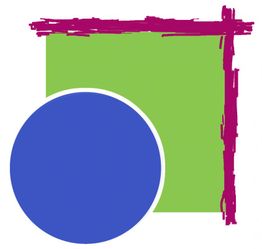 Blauer Kreis vor grünem Quadrat mit pinkem, rauem Rand.