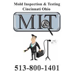 Man with equipment, "MIT" logo, text: Mold Inspection & Testing, Cincinnati Ohio, 513-800-1401.