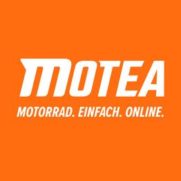 Oranges Logo mit weißem Text: "MOTEA. Motorrad. Einfach. Online."