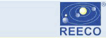 Reeco-Logo mit Planetensystem-Darstellung und gelber Sonne auf blauem Hintergrund.