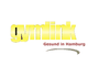Gelbes "gymlink"-Logo mit rotem Text "Gesund in Hamburg" und einem geschwungenen grauen Strich.
