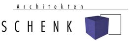 "Logo: Architekten SCHENK mit blauem Würfel und Linie im Hintergrund."