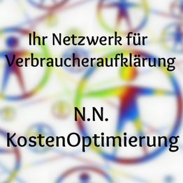 Verschwommene, bunte Strichmännchen und Text: "Ihr Netzwerk für Verbraucheraufklärung, N.N. KostenOptimierung".