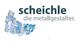Logo von Scheichle: "scheichle die metallgestalter" mit stilisiertem Metallform-Design.