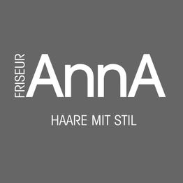 Graues Logo mit weißem Text: "Friseur AnnA", darunter "Haare mit Stil".