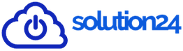 Logo van Solution24 met een blauwe wolk en aan-/uit-symbool rechts van de tekst 'solution24'.