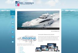 Website-Design mit Yachtbild, Menü auf der linken Seite und responsive Design-Beispiele unten.