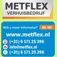 Metflex verhuisbedrijf contactinformatie: website, telefoonnummer, e-mail, en belknop op blauwe achtergrond.