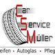 Logo von Car Service Müller mit Reifenbild, Text: "Reifen, Autoglas, Pflege".