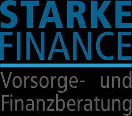 Logo mit Text: "STARKE FINANCE Vorsorge- und Finanzberatung" in blauer und grauer Schrift.