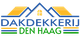 Logo van "Dakdekkerij Den Haag" met dak en raam in oranje, blauw en groen.