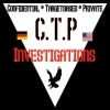 Weißes Dreieck auf schwarzem Hintergrund, Text: "C.T.P Investigations", Flaggen von DE und USA.