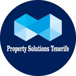 Logotipo de Property Solutions Tenerife con figura geométrica azul sobre fondo oscuro.