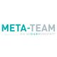 Logo mit Text: "Meta-Team – Die Designwerkstatt" in Türkis und Grau auf weißem Hintergrund.